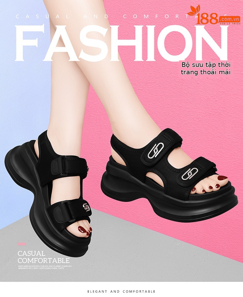 Sandal nữ đế xốp dày buộc Velcro hở mũi phong cách La Mã — Màu be 1982, 1982 màu đen chi tiết 3