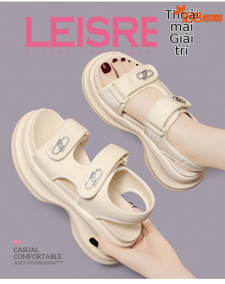 Sandal nữ đế xốp dày buộc Velcro hở mũi phong cách La Mã — Màu be 1982, 1982 màu đen chi tiết 4