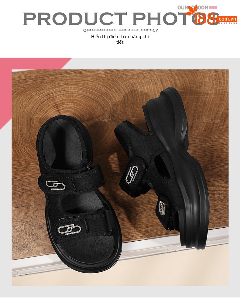 Sandal nữ đế xốp dày buộc Velcro hở mũi phong cách La Mã — Màu be 1982, 1982 màu đen chi tiết 5