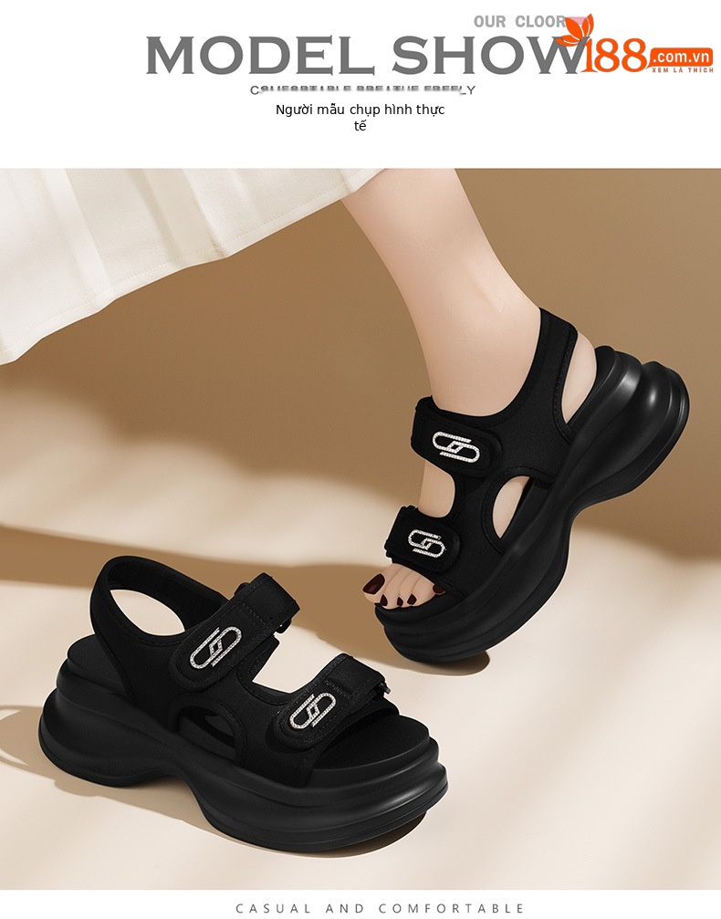 Sandal nữ đế xốp dày buộc Velcro hở mũi phong cách La Mã — Màu be 1982, 1982 màu đen chi tiết 6