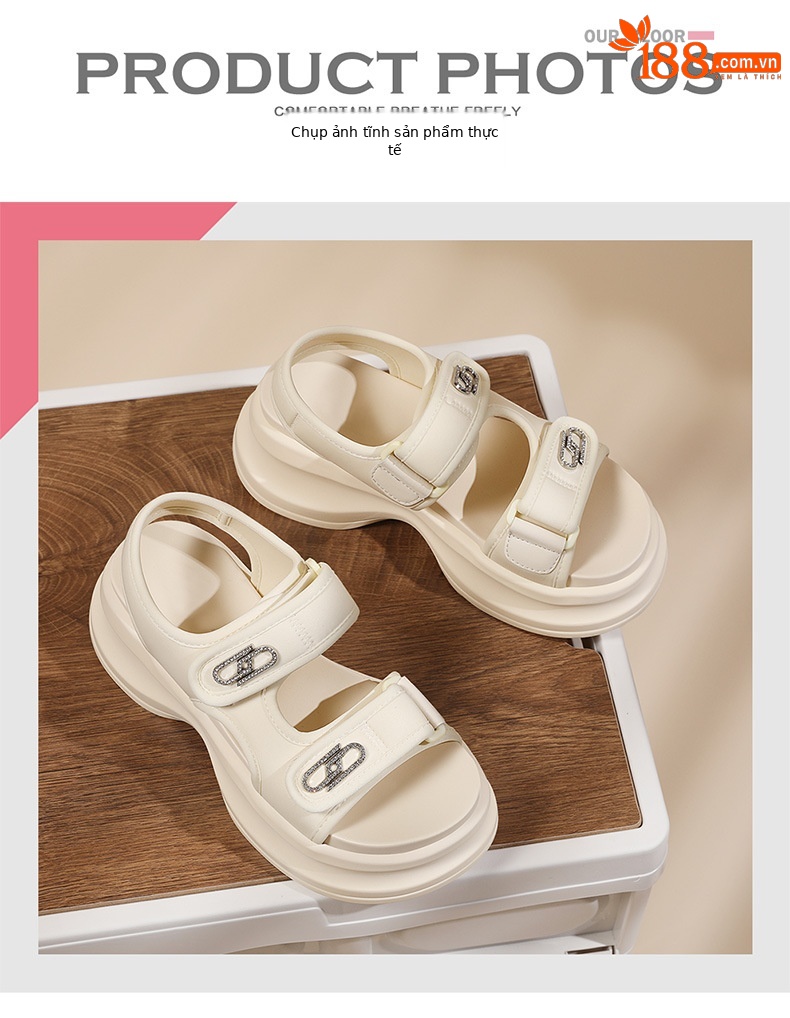 Sandal nữ đế xốp dày buộc Velcro hở mũi phong cách La Mã — Màu be 1982, 1982 màu đen chi tiết 10