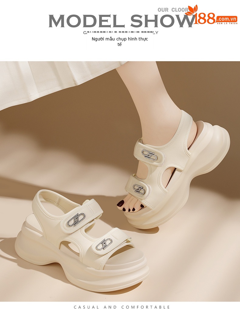 Sandal nữ đế xốp dày buộc Velcro hở mũi phong cách La Mã — Màu be 1982, 1982 màu đen chi tiết 11
