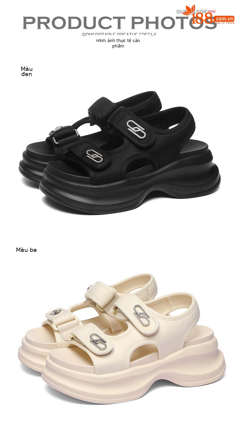 Sandal nữ đế xốp dày buộc Velcro hở mũi phong cách La Mã — Màu be 1982, 1982 màu đen chi tiết 15