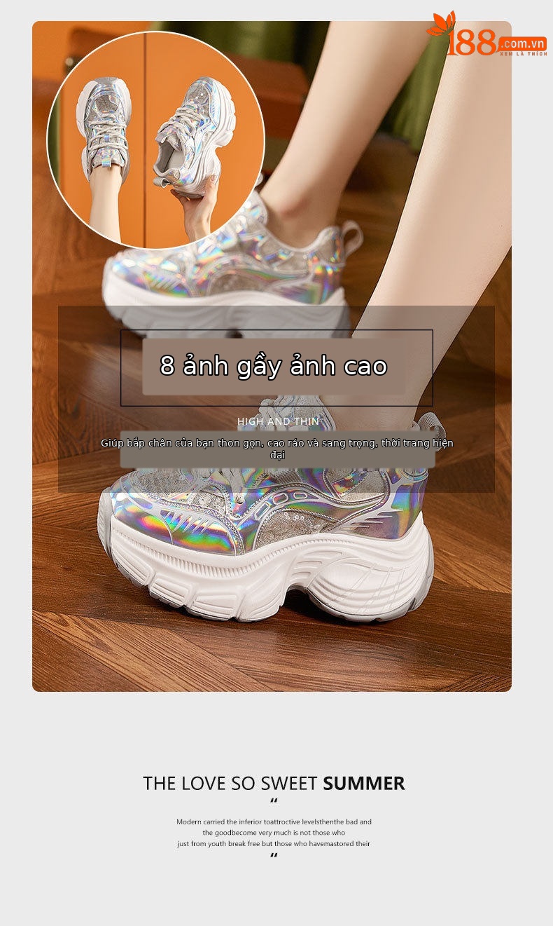 Dép sandal nữ quai chữ V đơn giản, đế wedge cao 8 cm, mũi tròn — Bạc, Trắng chi tiết 9