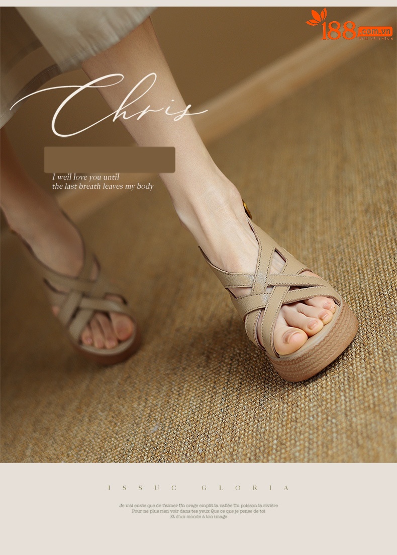 Sandal cao gót nữ quai ngang đế dày da cừu phong cách La Mã — Màu trắng be chi tiết 1
