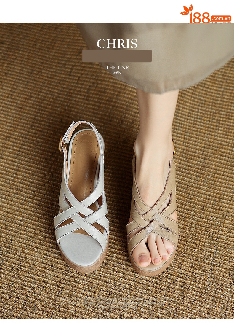 Sandal cao gót nữ quai ngang đế dày da cừu phong cách La Mã — Màu trắng be chi tiết 2