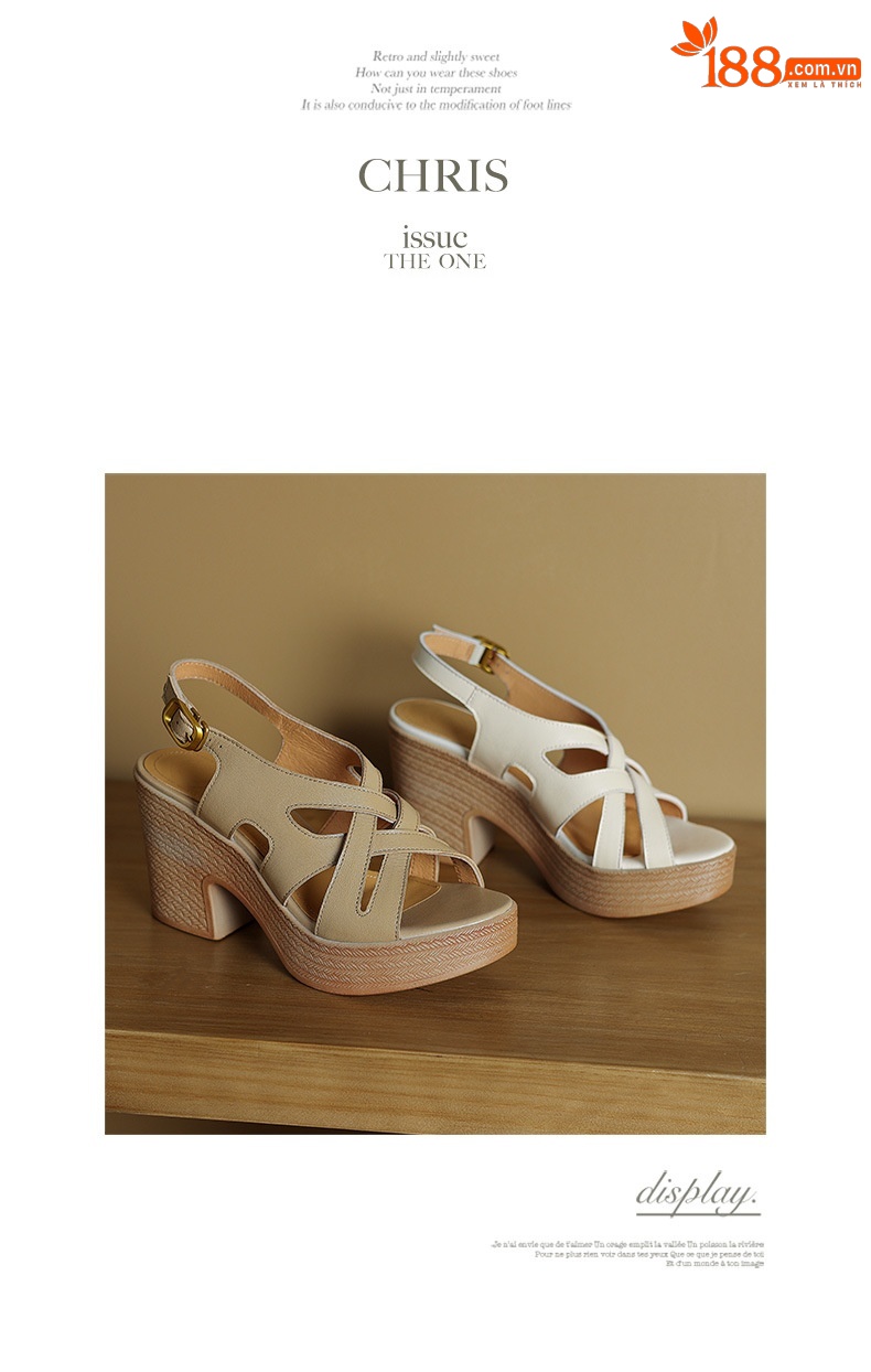 Sandal cao gót nữ quai ngang đế dày da cừu phong cách La Mã — Màu trắng be chi tiết 16
