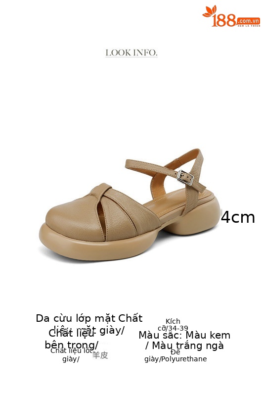 Sandal nữ bít mũi quai ngang da cừu đế dày — Màu trắng be chi tiết 4