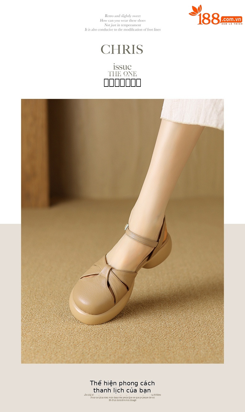 Sandal nữ bít mũi quai ngang da cừu đế dày — Màu trắng be chi tiết 7