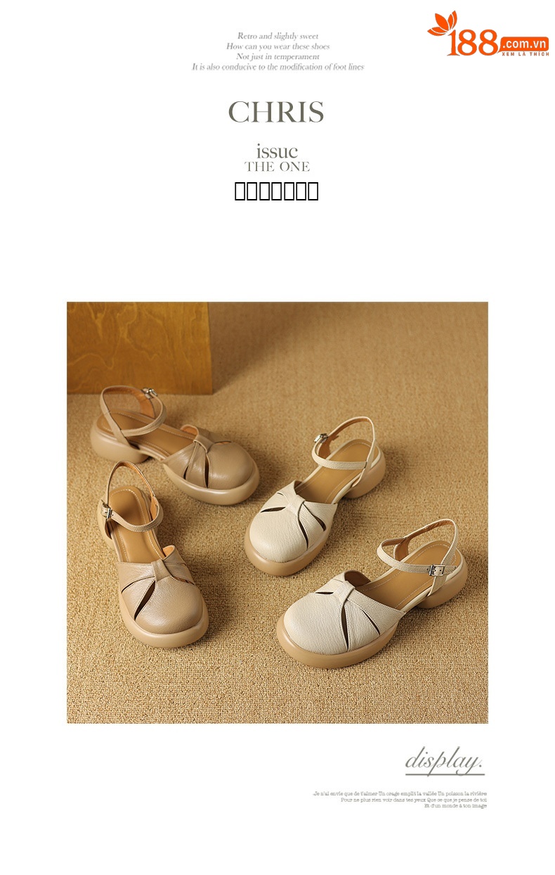 Sandal nữ bít mũi quai ngang da cừu đế dày — Màu trắng be chi tiết 11