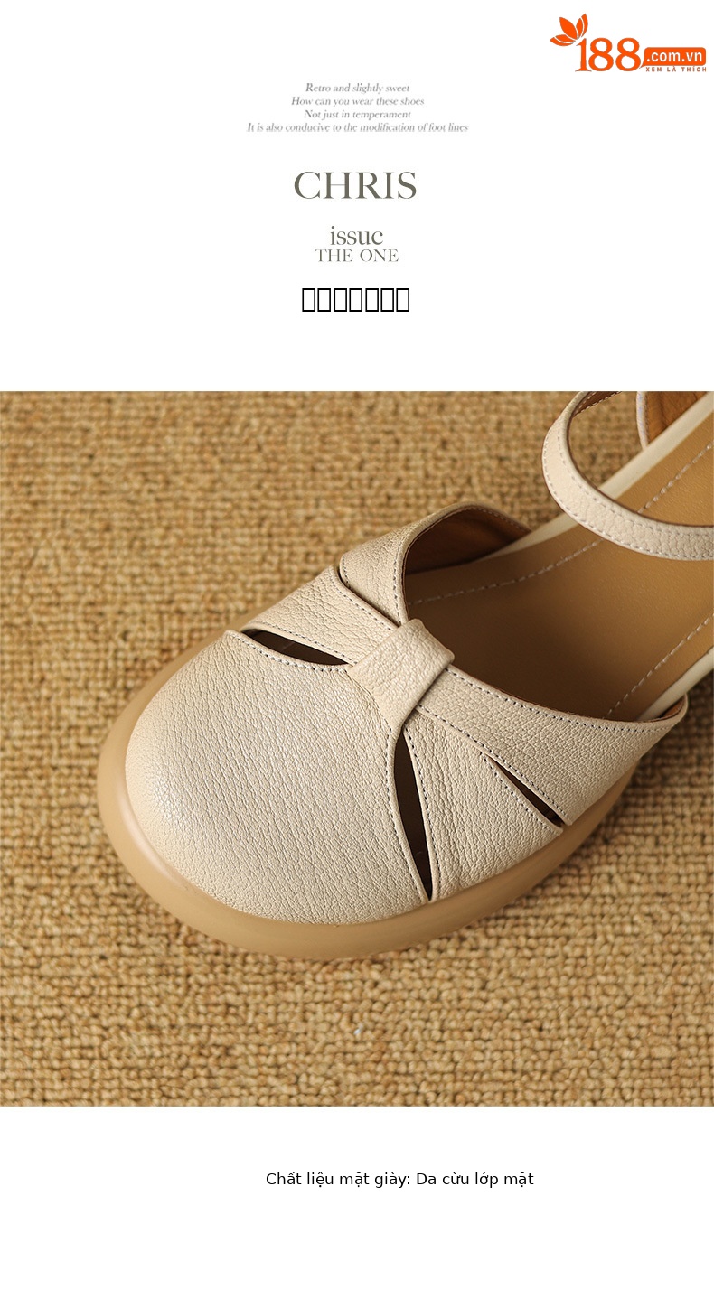 Sandal nữ bít mũi quai ngang da cừu đế dày — Màu trắng be chi tiết 14