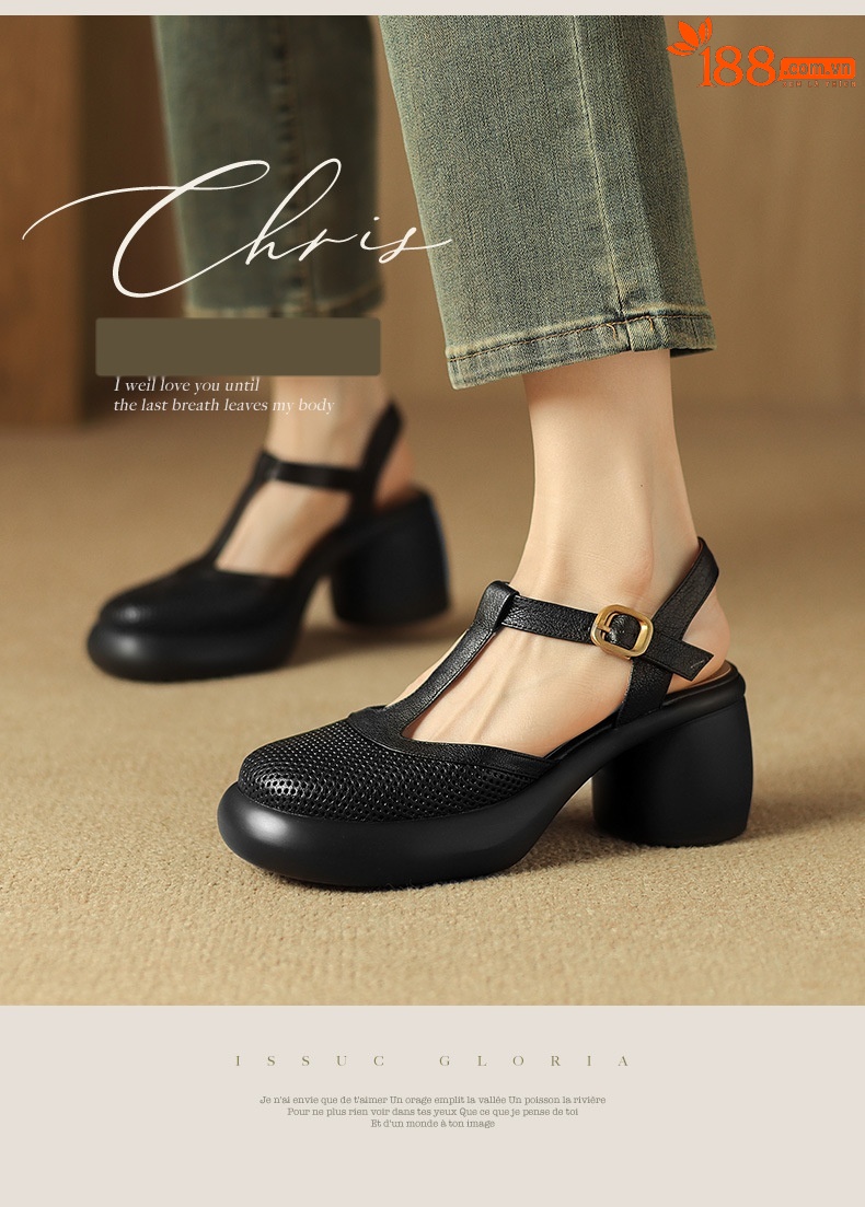 Sandal nữ da cừu đục lỗ bít mũi quai chữ T khóa cài đế dày gót cao — Màu đen chi tiết 1