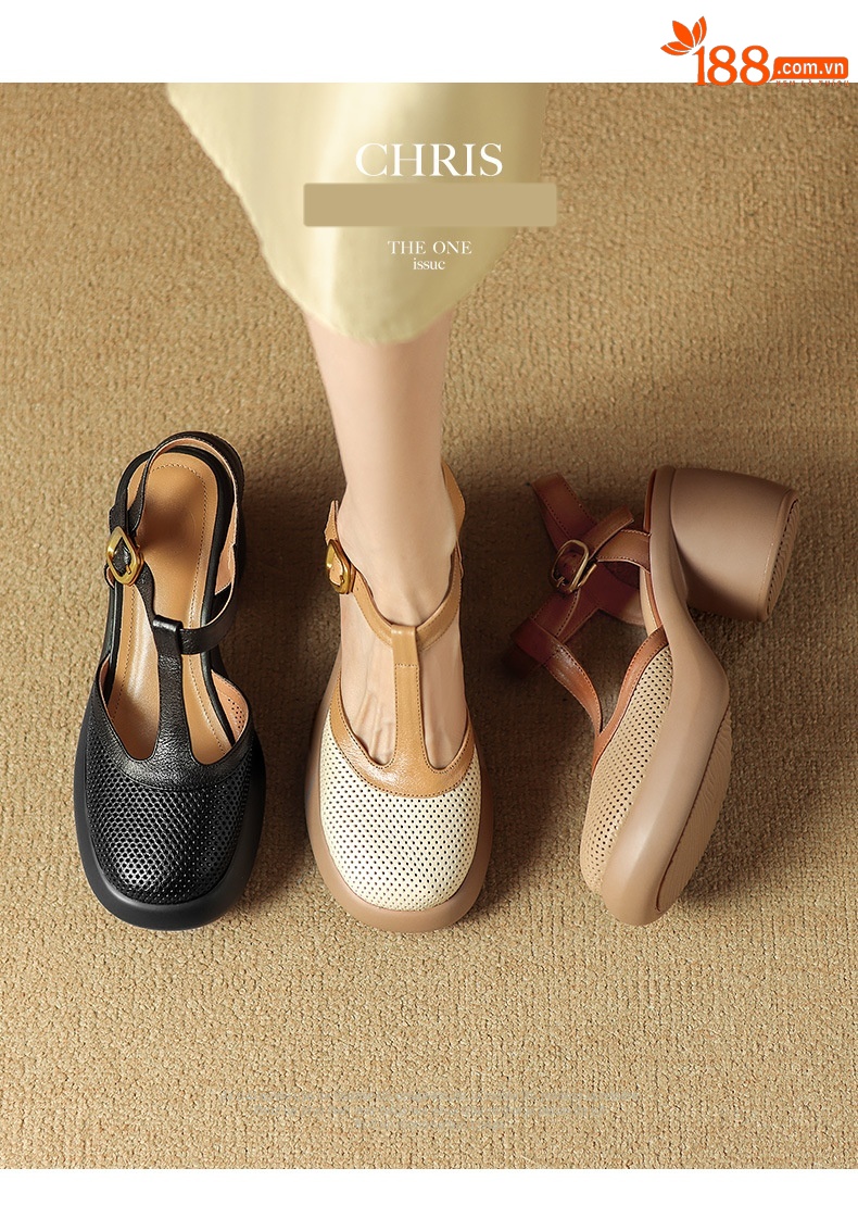 Sandal nữ da cừu đục lỗ bít mũi quai chữ T khóa cài đế dày gót cao — Màu đen chi tiết 2
