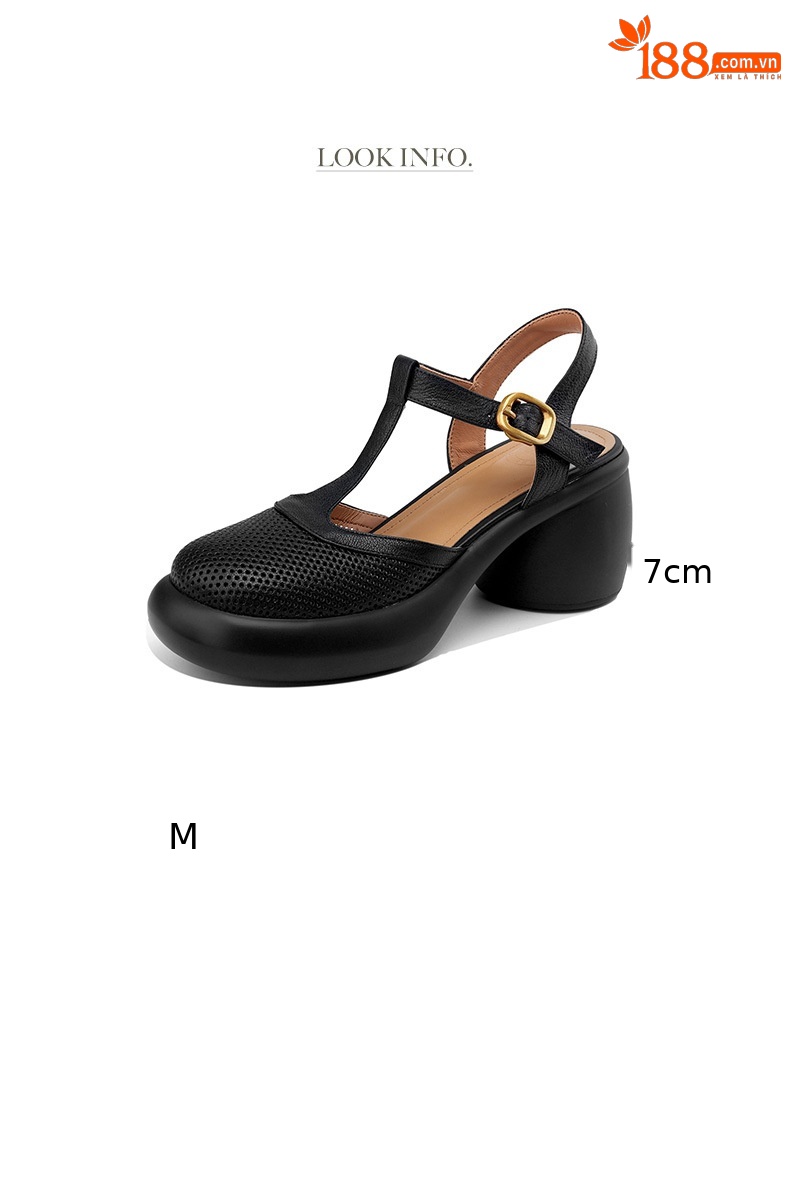 Sandal nữ da cừu đục lỗ bít mũi quai chữ T khóa cài đế dày gót cao — Màu đen chi tiết 5