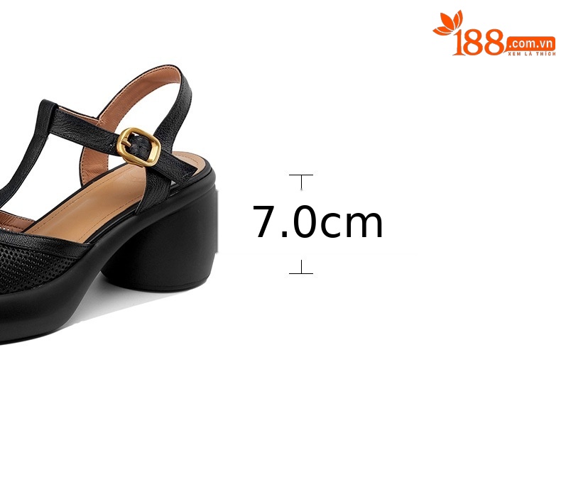 Sandal nữ da cừu đục lỗ bít mũi quai chữ T khóa cài đế dày gót cao — Màu đen chi tiết 6