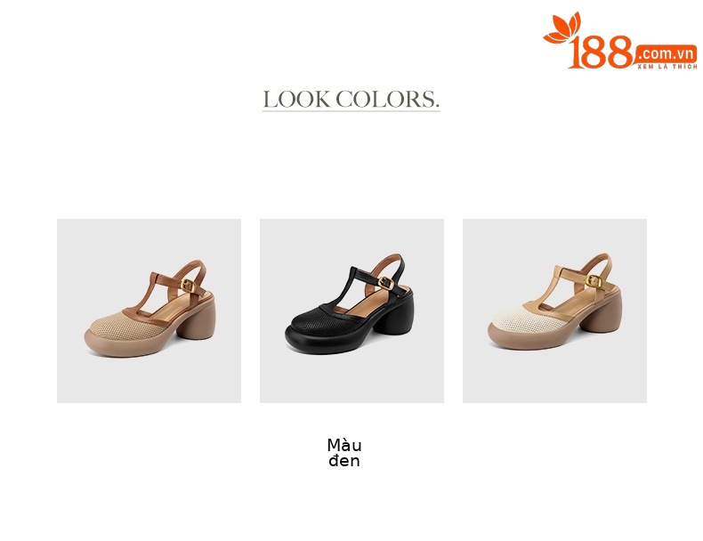 Sandal nữ da cừu đục lỗ bít mũi quai chữ T khóa cài đế dày gót cao — Màu đen chi tiết 7