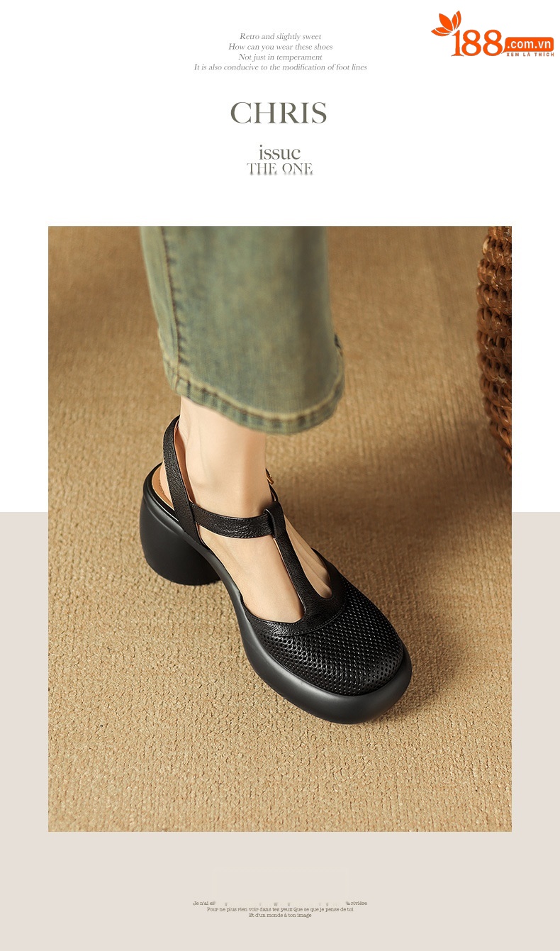 Sandal nữ da cừu đục lỗ bít mũi quai chữ T khóa cài đế dày gót cao — Màu đen chi tiết 8