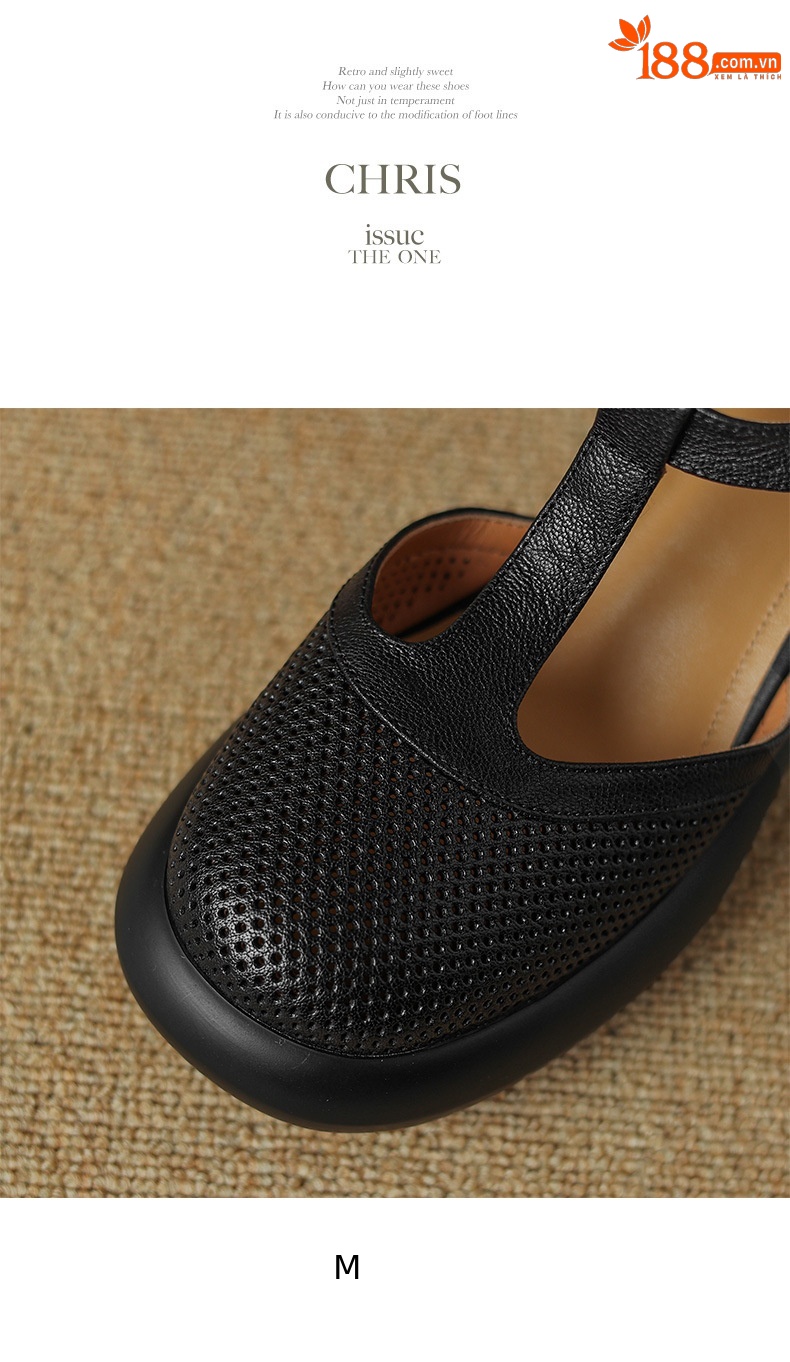 Sandal nữ da cừu đục lỗ bít mũi quai chữ T khóa cài đế dày gót cao — Màu đen chi tiết 14