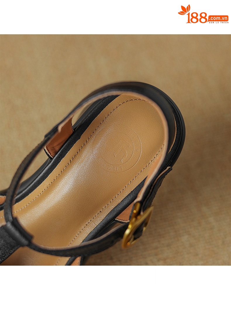 Sandal nữ da cừu đục lỗ bít mũi quai chữ T khóa cài đế dày gót cao — Màu đen chi tiết 15