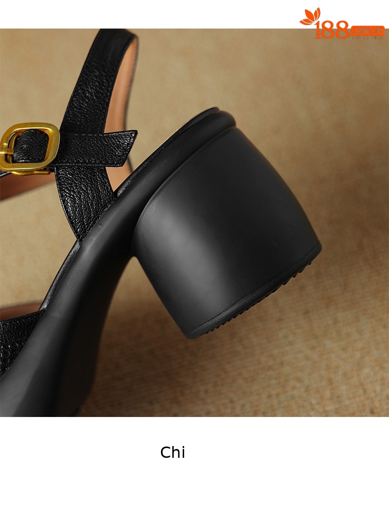 Sandal nữ da cừu đục lỗ bít mũi quai chữ T khóa cài đế dày gót cao — Màu đen chi tiết 16