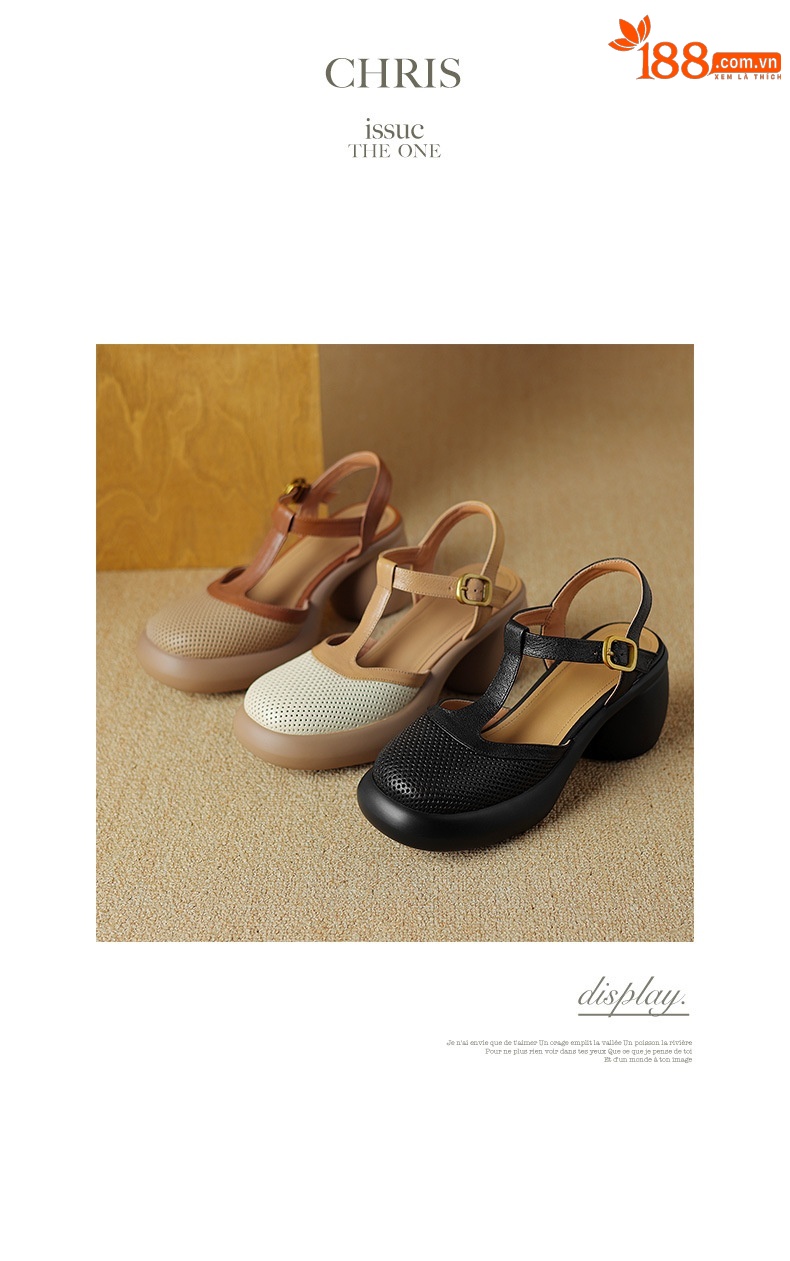 Sandal nữ da cừu đục lỗ bít mũi quai chữ T khóa cài đế dày gót cao — Màu đen chi tiết 18