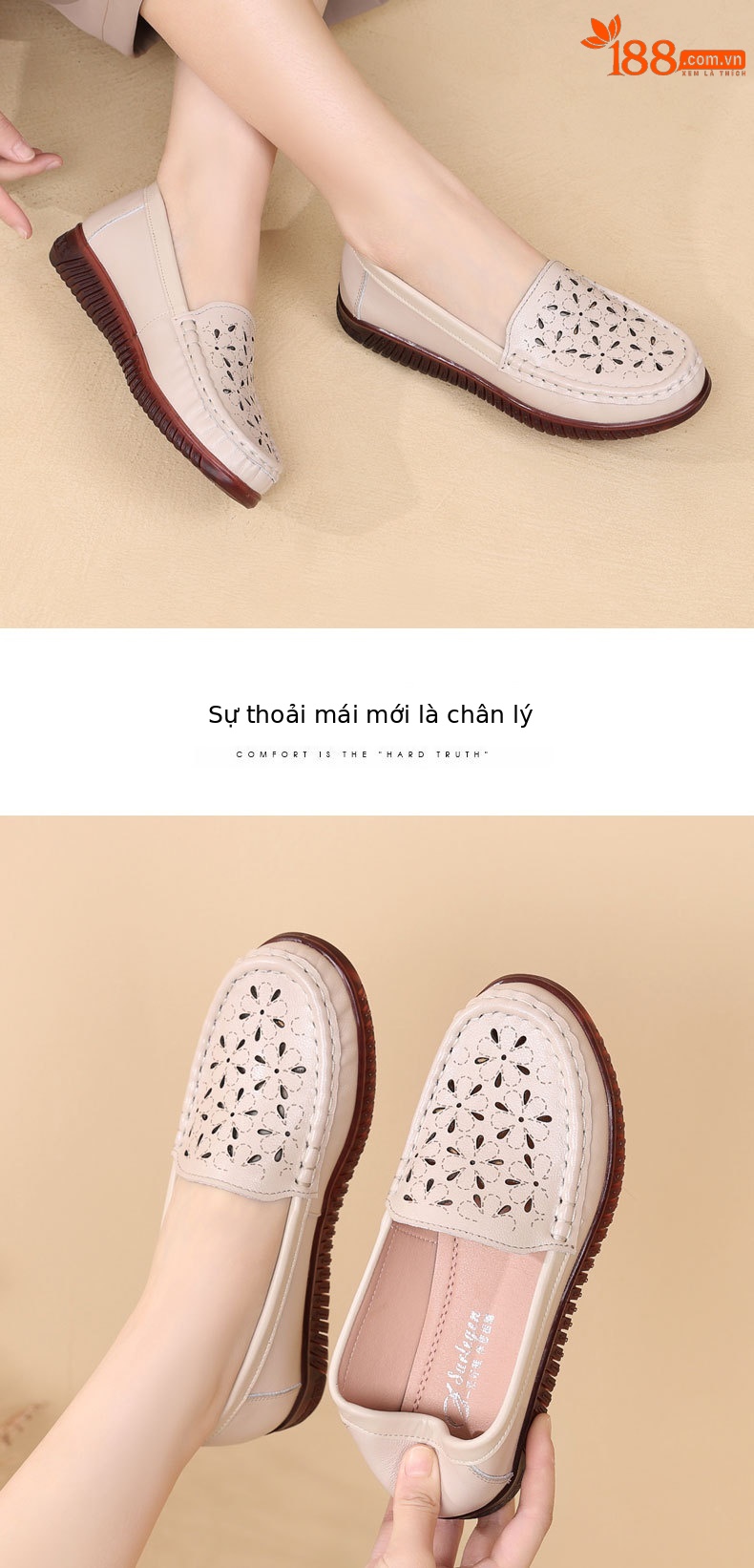 Dép sandal nữ xỏ ngón đế bệt da thật mềm, lỗ thoáng khí mùa hè — Màu đen chi tiết 8