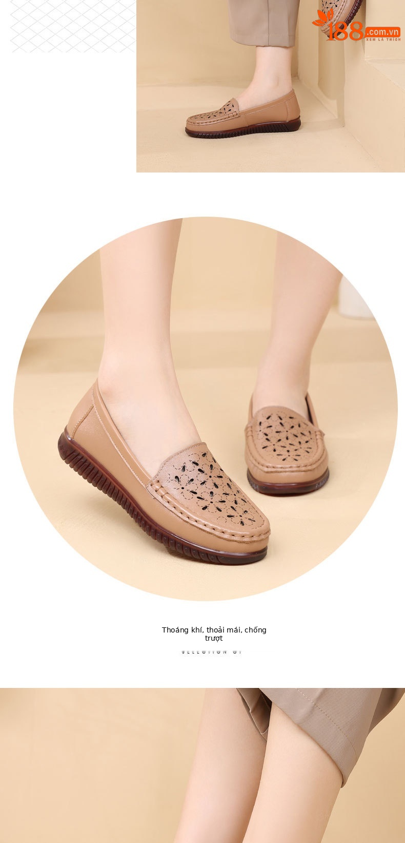 Dép sandal nữ xỏ ngón đế bệt da thật mềm, lỗ thoáng khí mùa hè — Màu đen chi tiết 10