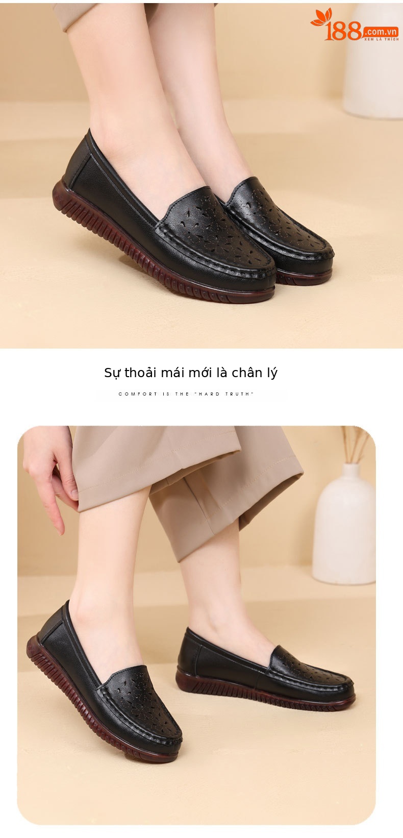 Dép sandal nữ xỏ ngón đế bệt da thật mềm, lỗ thoáng khí mùa hè — Màu đen chi tiết 12