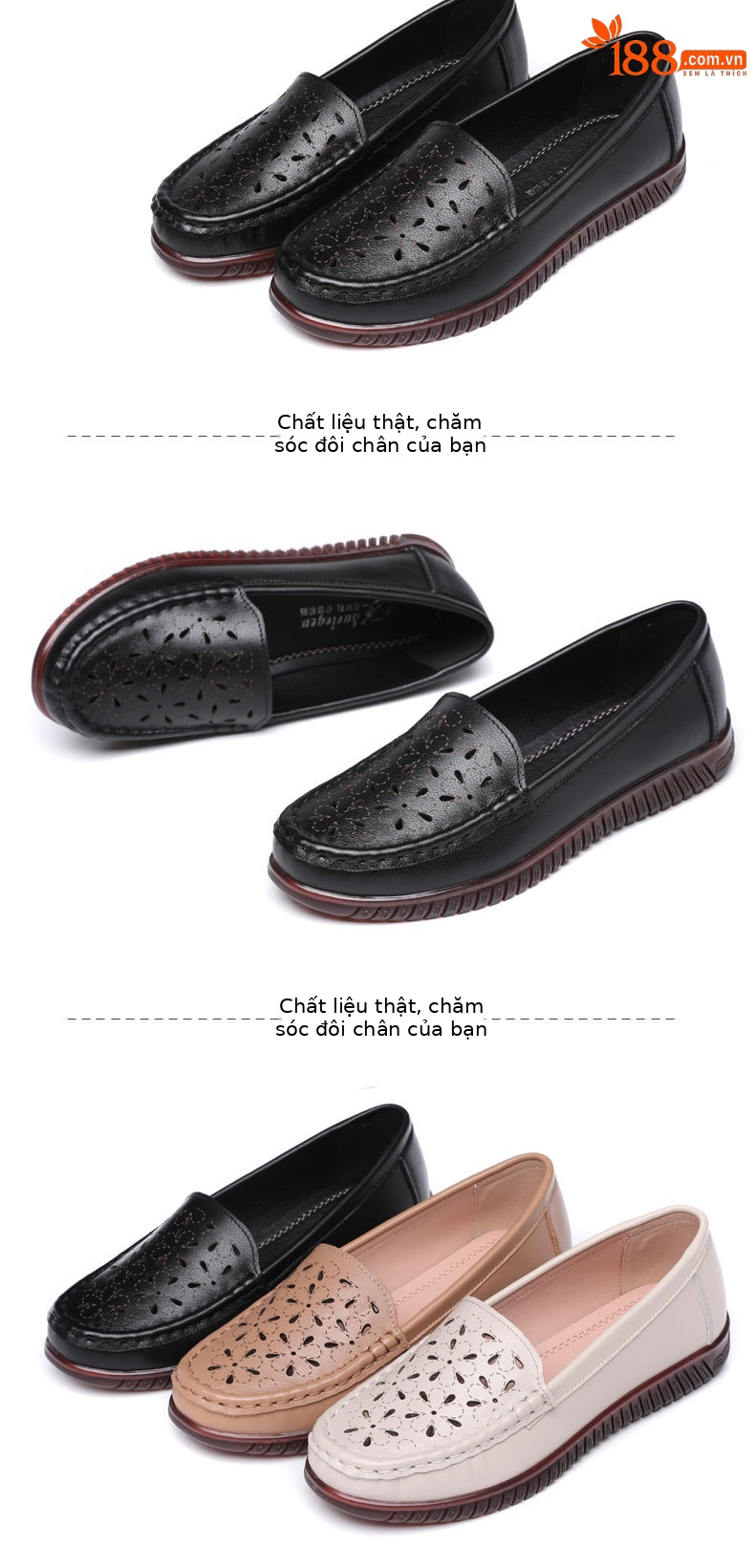 Dép sandal nữ xỏ ngón đế bệt da thật mềm, lỗ thoáng khí mùa hè — Màu đen chi tiết 17