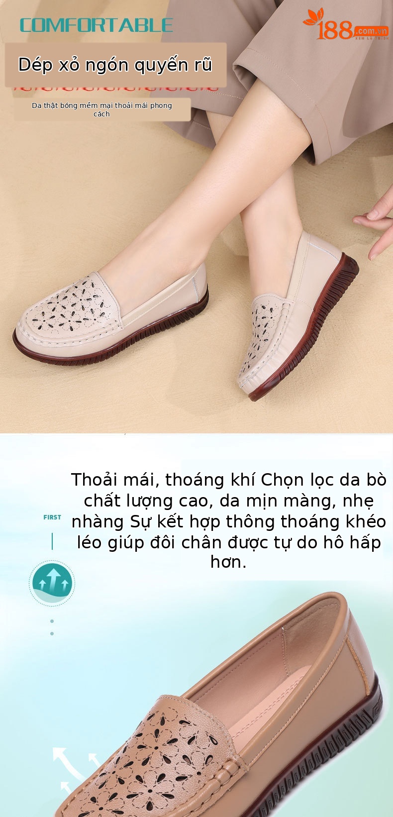 Dép sandal nữ xỏ ngón đế bệt da thật mềm, lỗ thoáng khí mùa hè — Màu đen chi tiết 1