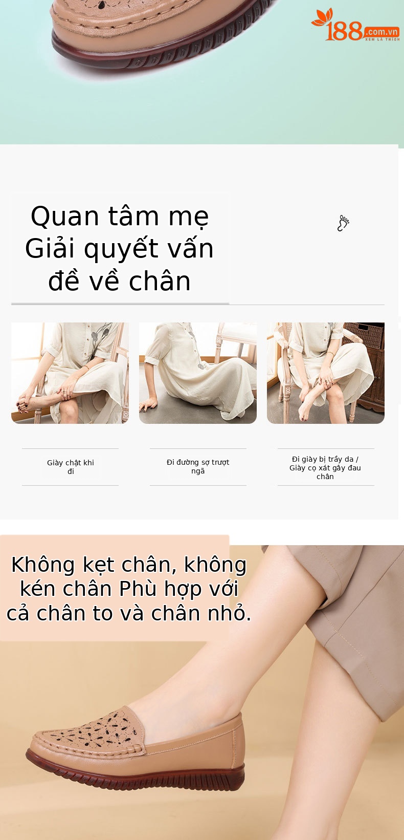 Dép sandal nữ xỏ ngón đế bệt da thật mềm, lỗ thoáng khí mùa hè — Màu đen chi tiết 2