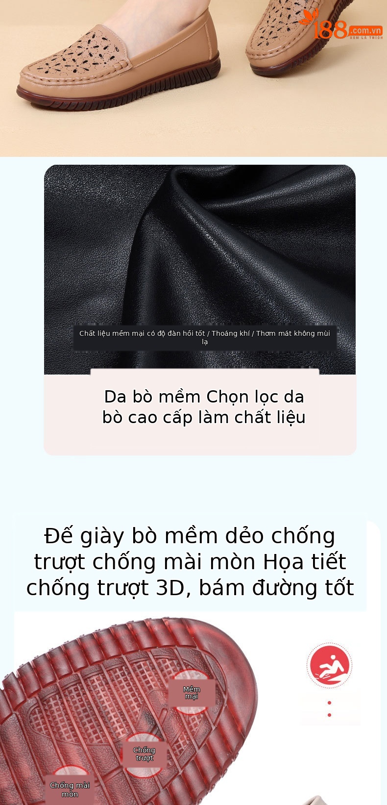 Dép sandal nữ xỏ ngón đế bệt da thật mềm, lỗ thoáng khí mùa hè — Màu đen chi tiết 4