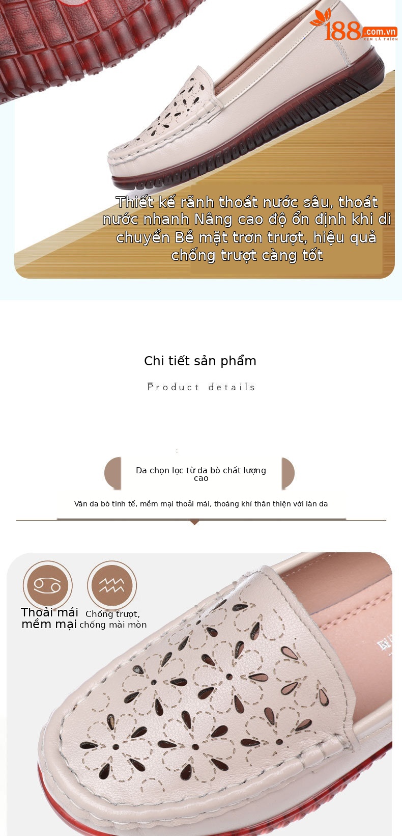 Dép sandal nữ xỏ ngón đế bệt da thật mềm, lỗ thoáng khí mùa hè — Màu đen chi tiết 5