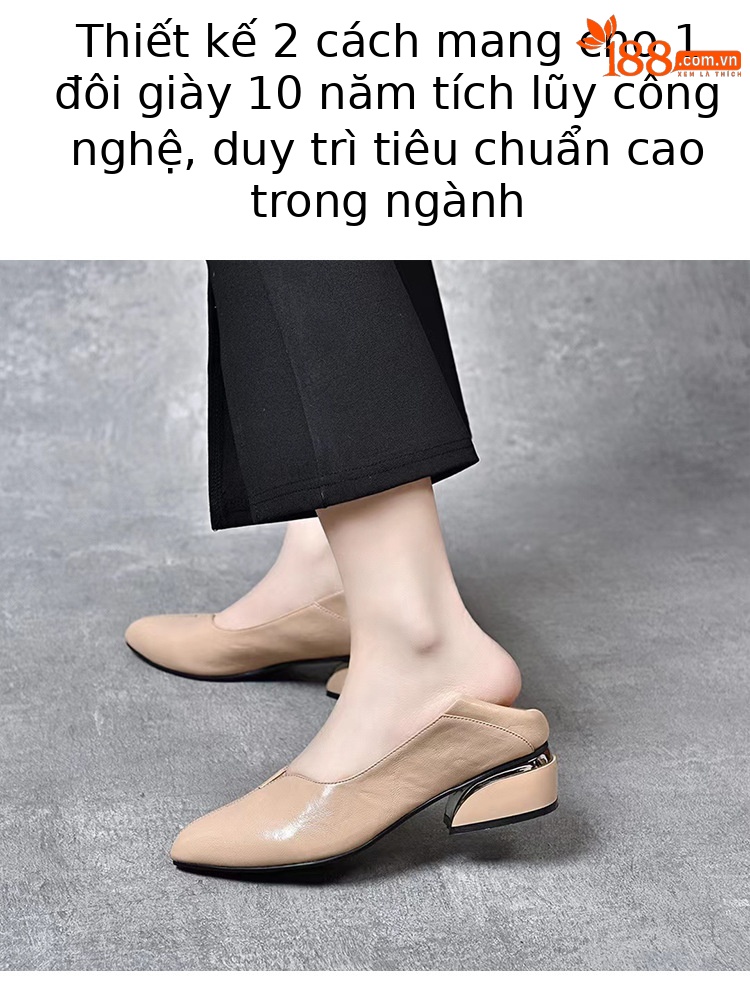 Giày lười nữ mũi nhọn da thật, gót vuông thấp, đế mềm, hai kiểu mang — Màu nâu chi tiết 5