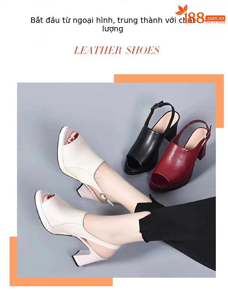 Giày cao gót nữ mũi hở peep-toe đế xuồng platform da bò gót thô 5 cm — Màu Đỏ rượu vang-5 cm chi tiết 1