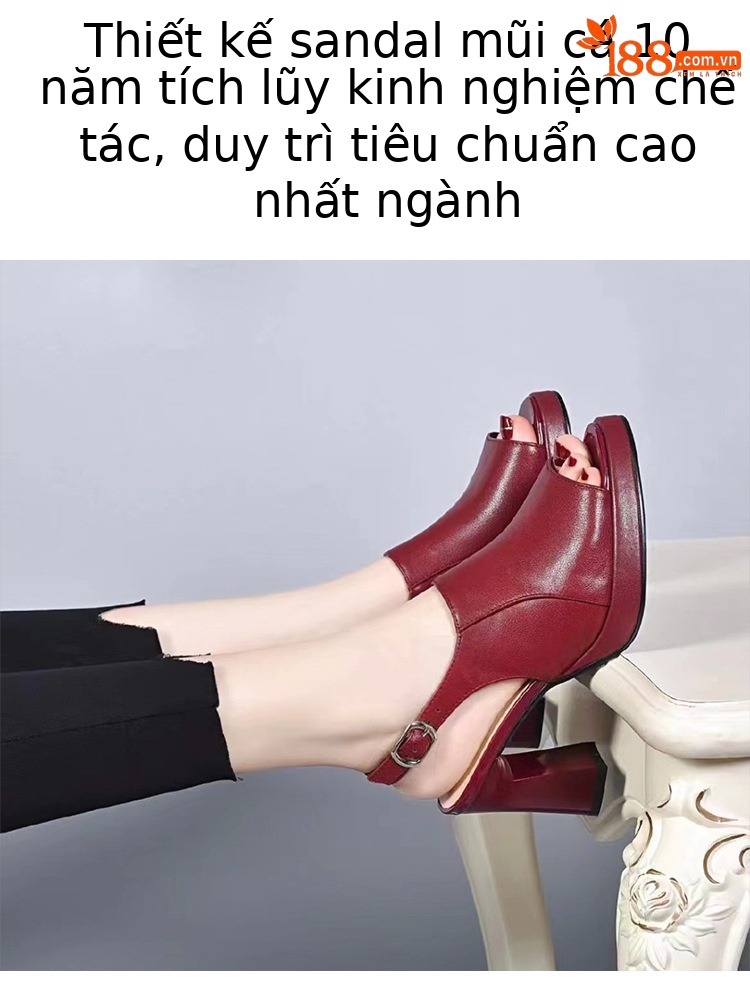 Giày cao gót nữ mũi hở peep-toe đế xuồng platform da bò gót thô 5 cm — Màu Đỏ rượu vang-5 cm chi tiết 5