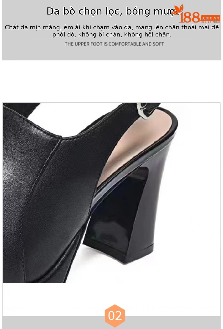 Giày cao gót nữ mũi hở peep-toe đế xuồng platform da bò gót thô 5 cm — Màu Đỏ rượu vang-5 cm chi tiết 8