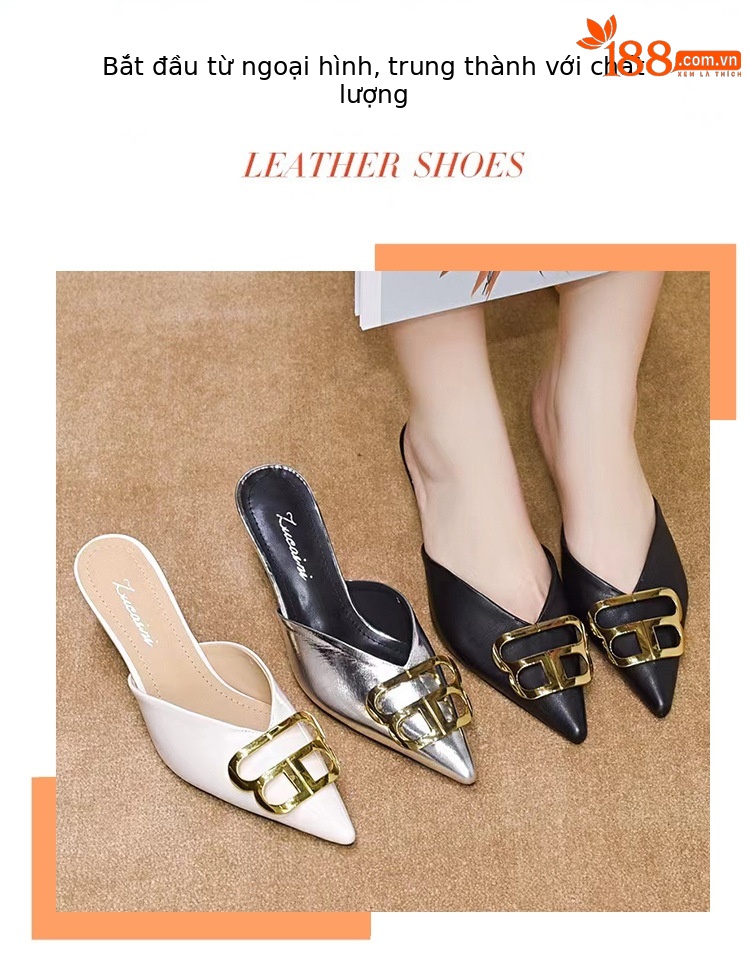 Dép sandal nữ quai chữ V mũi nhọn gót thấp khóa kim loại — Màu đen chi tiết 1