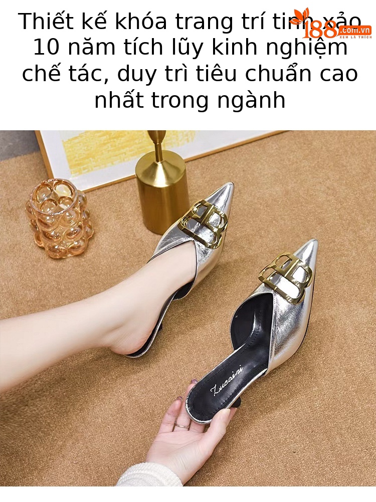 Dép sandal nữ quai chữ V mũi nhọn gót thấp khóa kim loại — Màu đen chi tiết 5