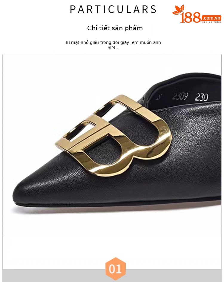 Dép sandal nữ quai chữ V mũi nhọn gót thấp khóa kim loại — Màu đen chi tiết 7