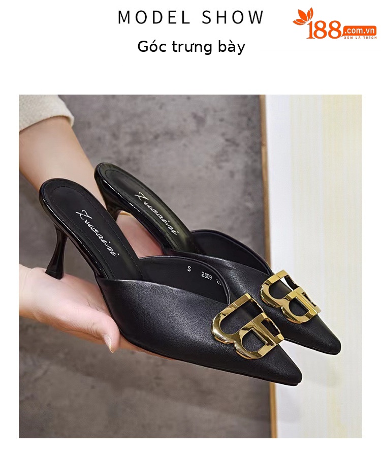 Dép sandal nữ quai chữ V mũi nhọn gót thấp khóa kim loại — Màu đen chi tiết 9