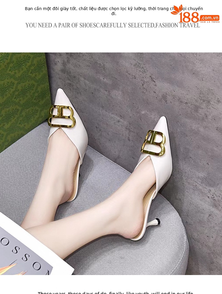 Dép sandal nữ quai chữ V mũi nhọn gót thấp khóa kim loại — Màu đen chi tiết 10