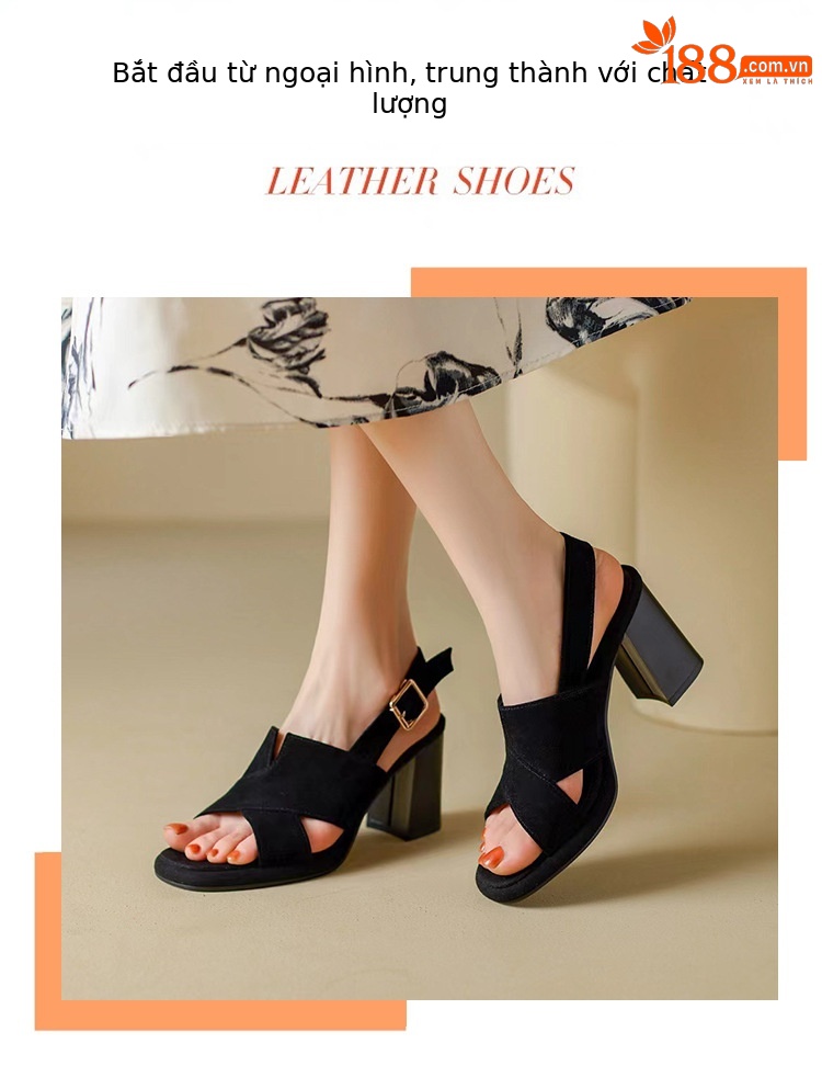 Sandal nữ gót vuông da thật quai ngang đế dày hở gót — Màu đen chi tiết 1