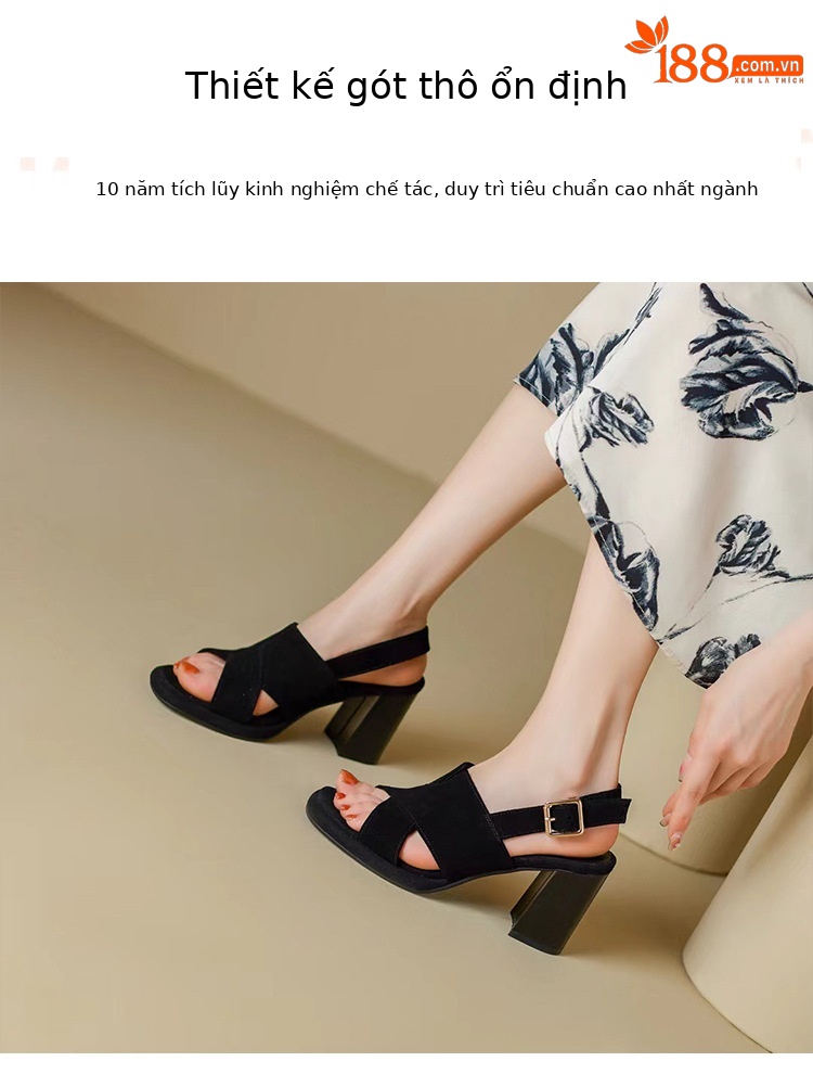 Sandal nữ gót vuông da thật quai ngang đế dày hở gót — Màu đen chi tiết 5