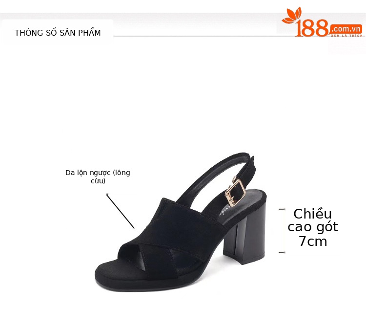 Sandal nữ gót vuông da thật quai ngang đế dày hở gót — Màu đen chi tiết 6