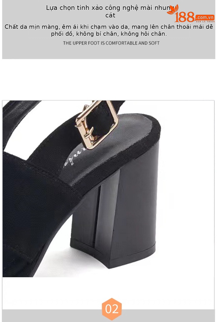 Sandal nữ gót vuông da thật quai ngang đế dày hở gót — Màu đen chi tiết 8