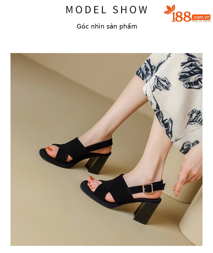 Sandal nữ gót vuông da thật quai ngang đế dày hở gót — Màu đen chi tiết 9