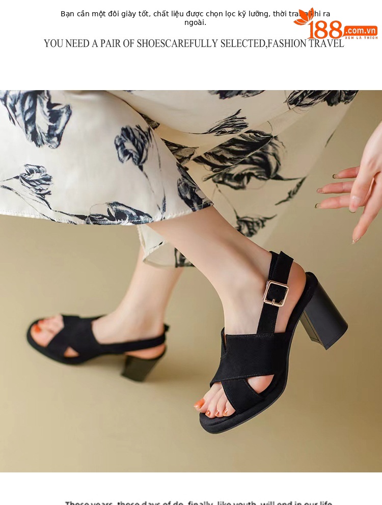 Sandal nữ gót vuông da thật quai ngang đế dày hở gót — Màu đen chi tiết 10