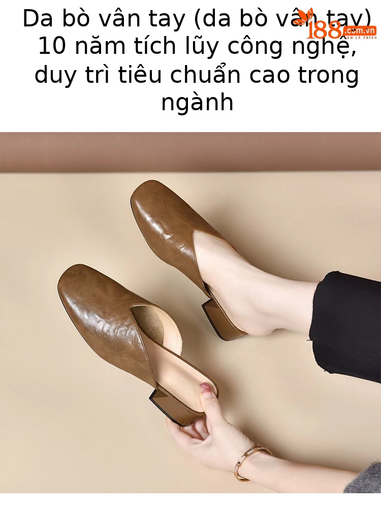 Giày mule nữ da thật mũi kín gót dày kiểu Pháp mùa hè — Màu đen chi tiết 5