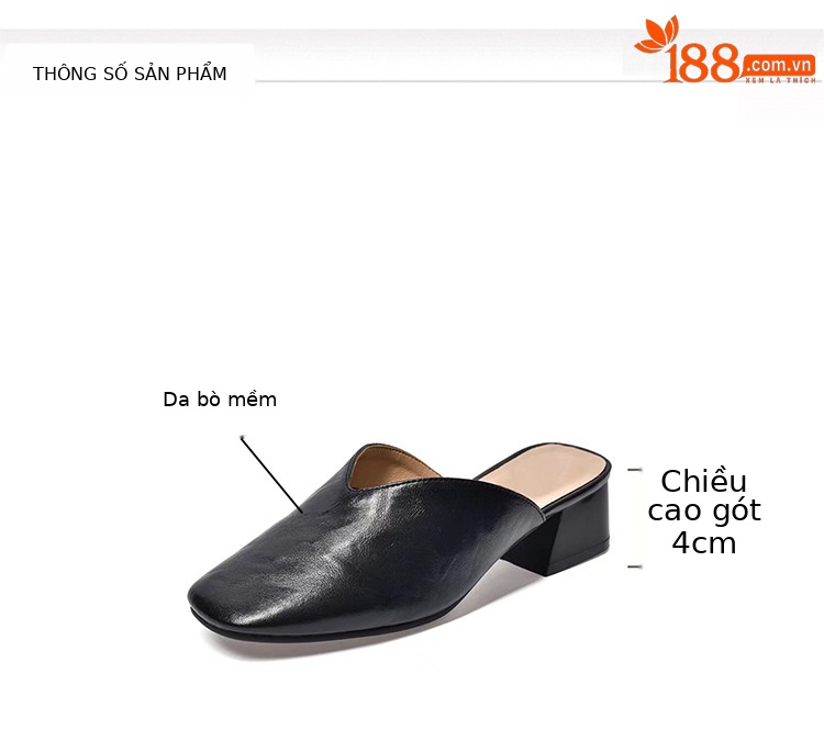 Giày mule nữ da thật mũi kín gót dày kiểu Pháp mùa hè — Màu đen chi tiết 6